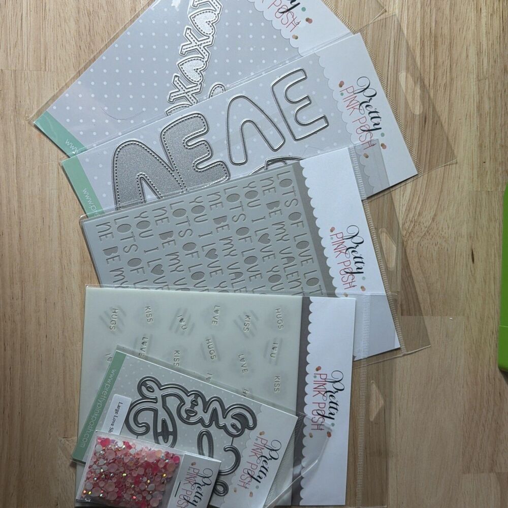 Pretty Pink Posh Love Die and stencil lot with Valentine jewels hearts words